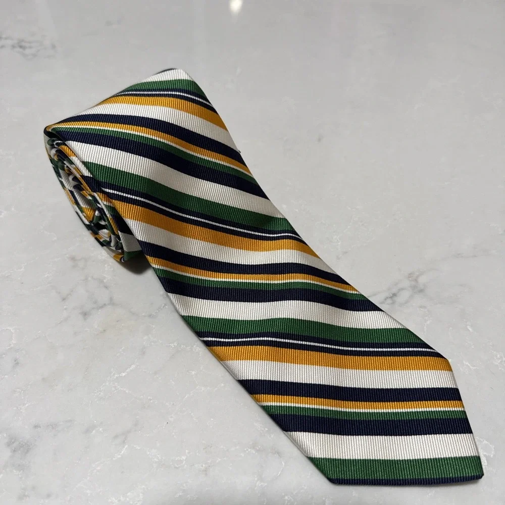 Robert Talbott Silk Repp Tie Ivory Navy‎ Green Gold Regimental Stripe 58 x 3.25